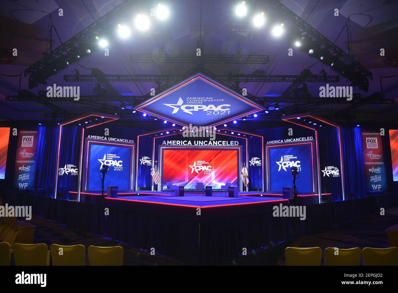 Il palco è fissato per il 2° giorno alla Conservative Political Action Conference (CPAC) 2021 ospitata dall'American Conservative Union presso l'Hyatt Regency Orlando di Orlando, Florida, sabato 27,2021 febbraio. Foto di Joe Marino/UPI Foto Stock