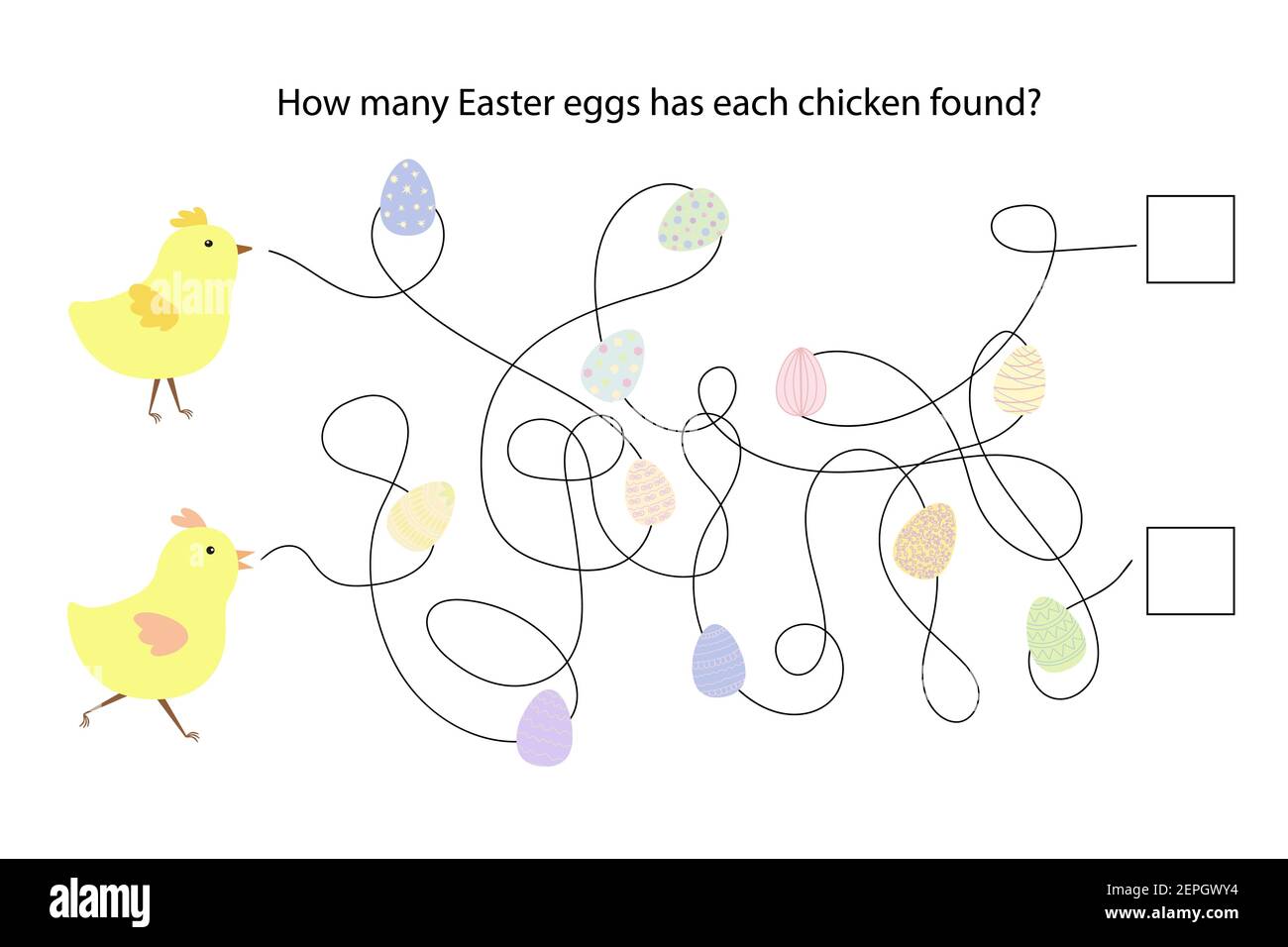 Uova di Pasqua, polli gioco educativo, puzzle, labirinto semplice, scuola materna attività vacanze di primavera, quante uova ha ogni pollo trovato labirinto ga Illustrazione Vettoriale