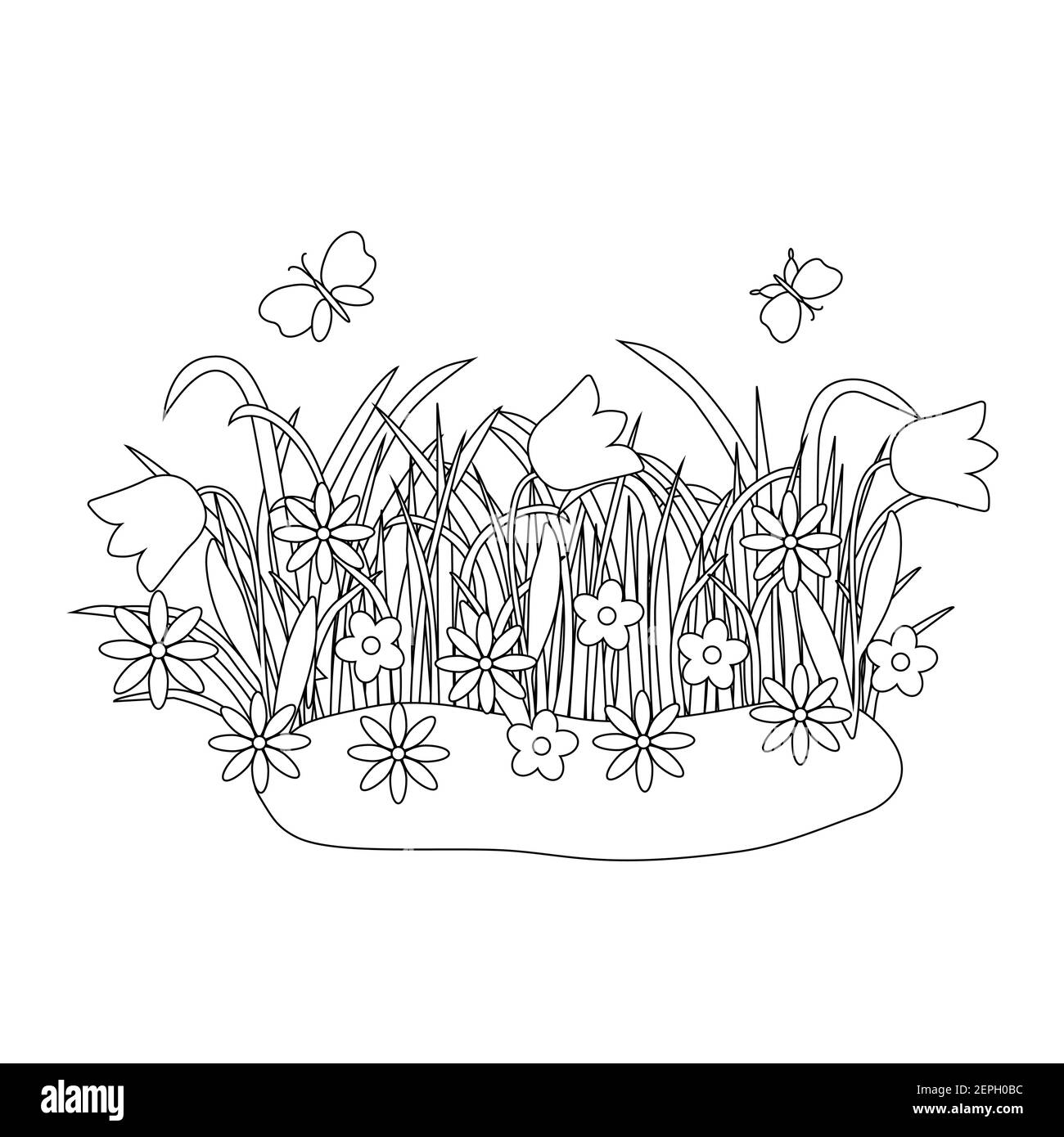 Composizione floreale di Pasqua con farfalle carine, erba primaverile con fiori, illustrazione vettoriale per libro da colorare, foglio di lavoro, fes primavera Illustrazione Vettoriale
