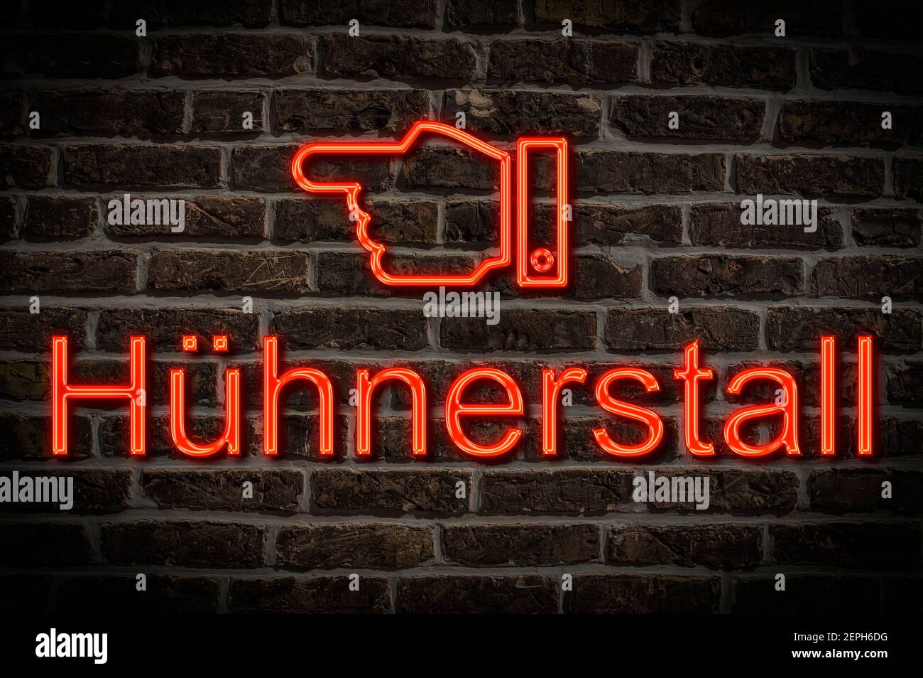 Foto di dettaglio di un cartello al neon su una parete Con l'iscrizione Hühnerstall (Chicken House) Foto Stock