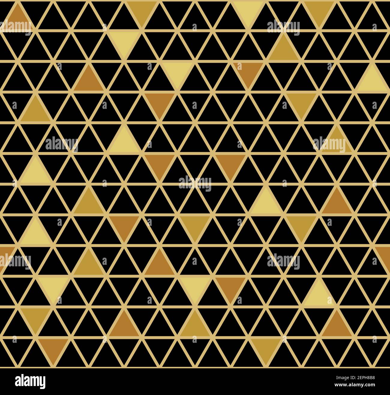 Illustrazione astratta del modello vettoriale geometrico senza giunture. Oro e nero, grande triangoli a griglia. Mosaico di piastrelle. Illustrazione Vettoriale