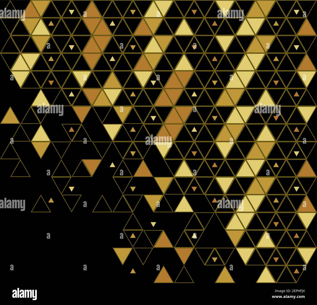 Schema vettoriale geometrico astratto immagine rovinata. Oro e nero, grana griglia triangoli grande e piccola. Illustrazione Vettoriale