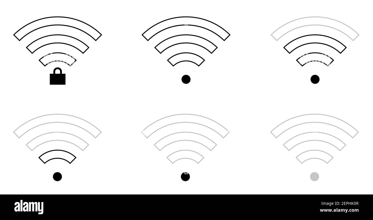 Icone di segnali wifi piatti in forma diritta e a livello di connessione, bloccate e sbloccate, triangolari, sottili, spesse e rotonde. Illustrazione Vettoriale