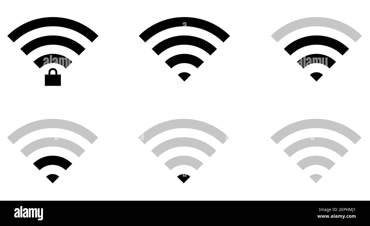 Icone di segnali wifi piatti in forma diritta e a livello di connessione, bloccate e sbloccate, triangolari, sottili, spesse e rotonde. Illustrazione Vettoriale