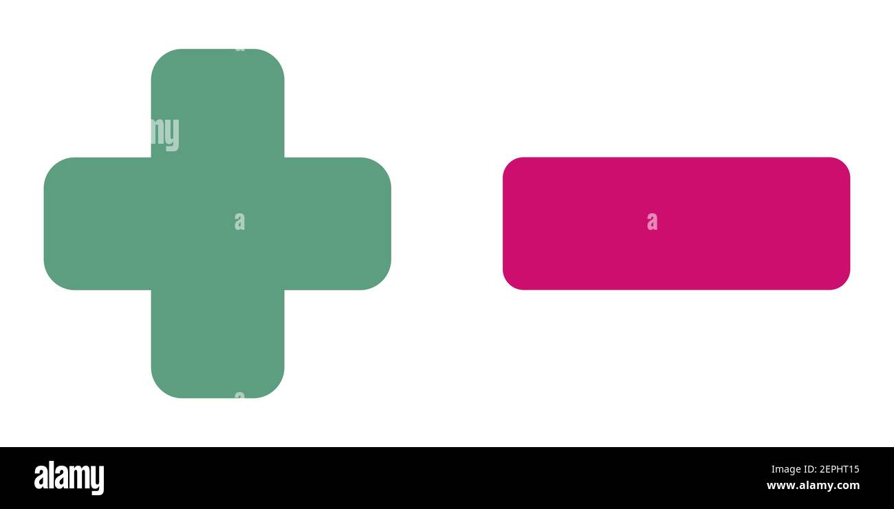 Le icone piatte con segno più e meno sono rosse e verdi. Illustrazione Vettoriale