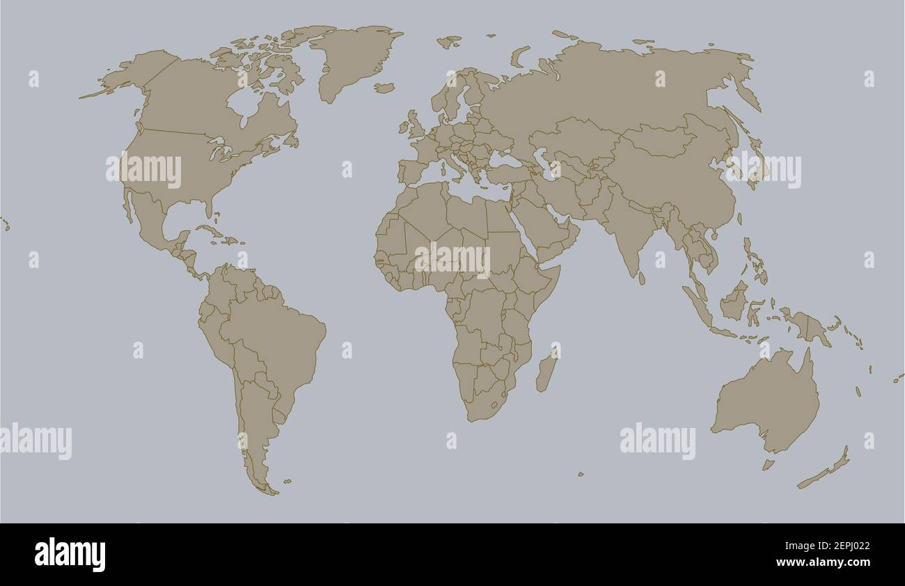 Proiezione della mappa mondiale isolata con tutti i continenti, gli oceani e i confini politici. Illustrazione Vettoriale