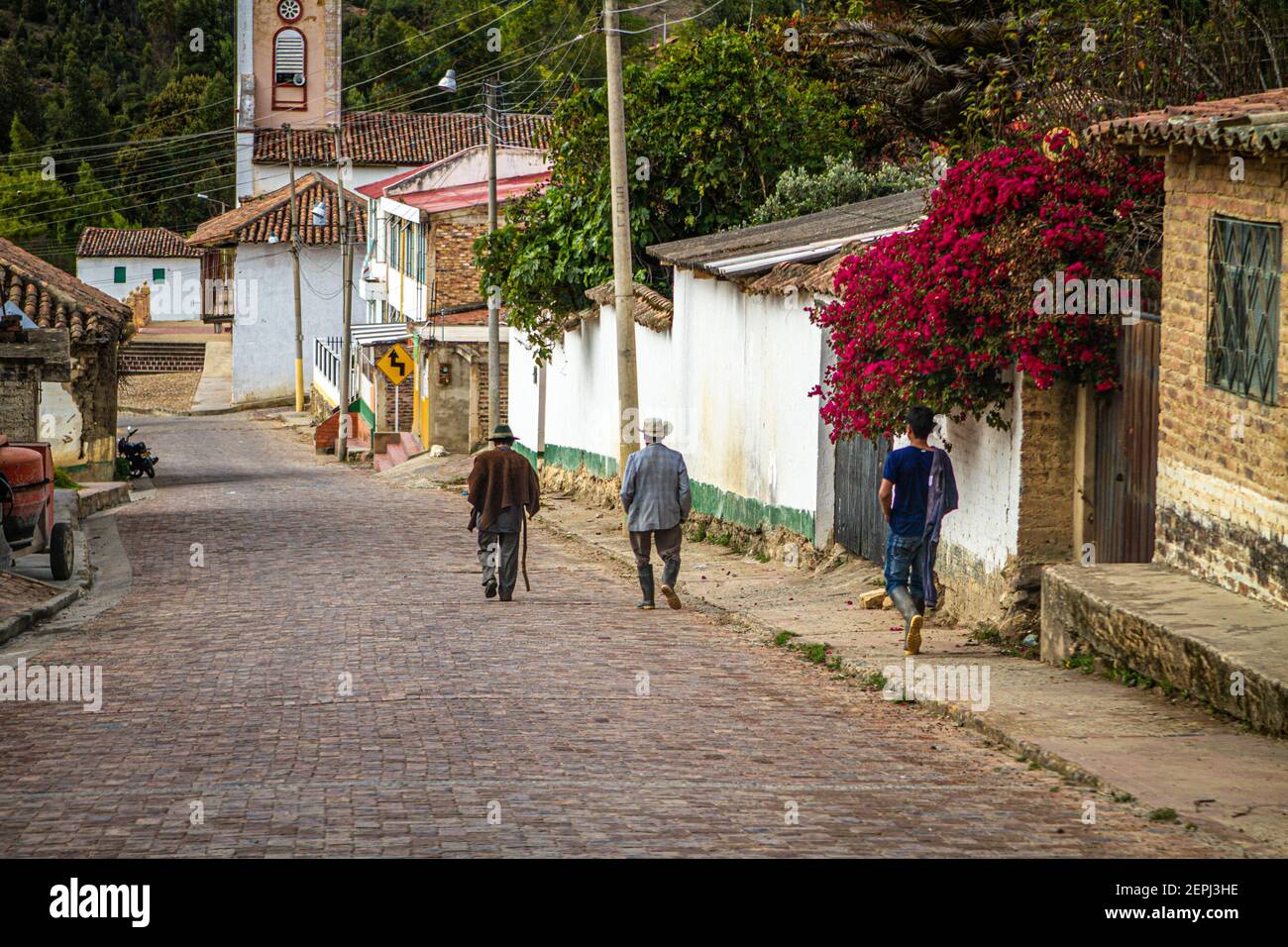 2 vecchi, uno con bastone e poncho camminano giù per la collina, un giovane cammina dietro. Iza, Boyaca, Ande colombiane, Sud America Foto Stock