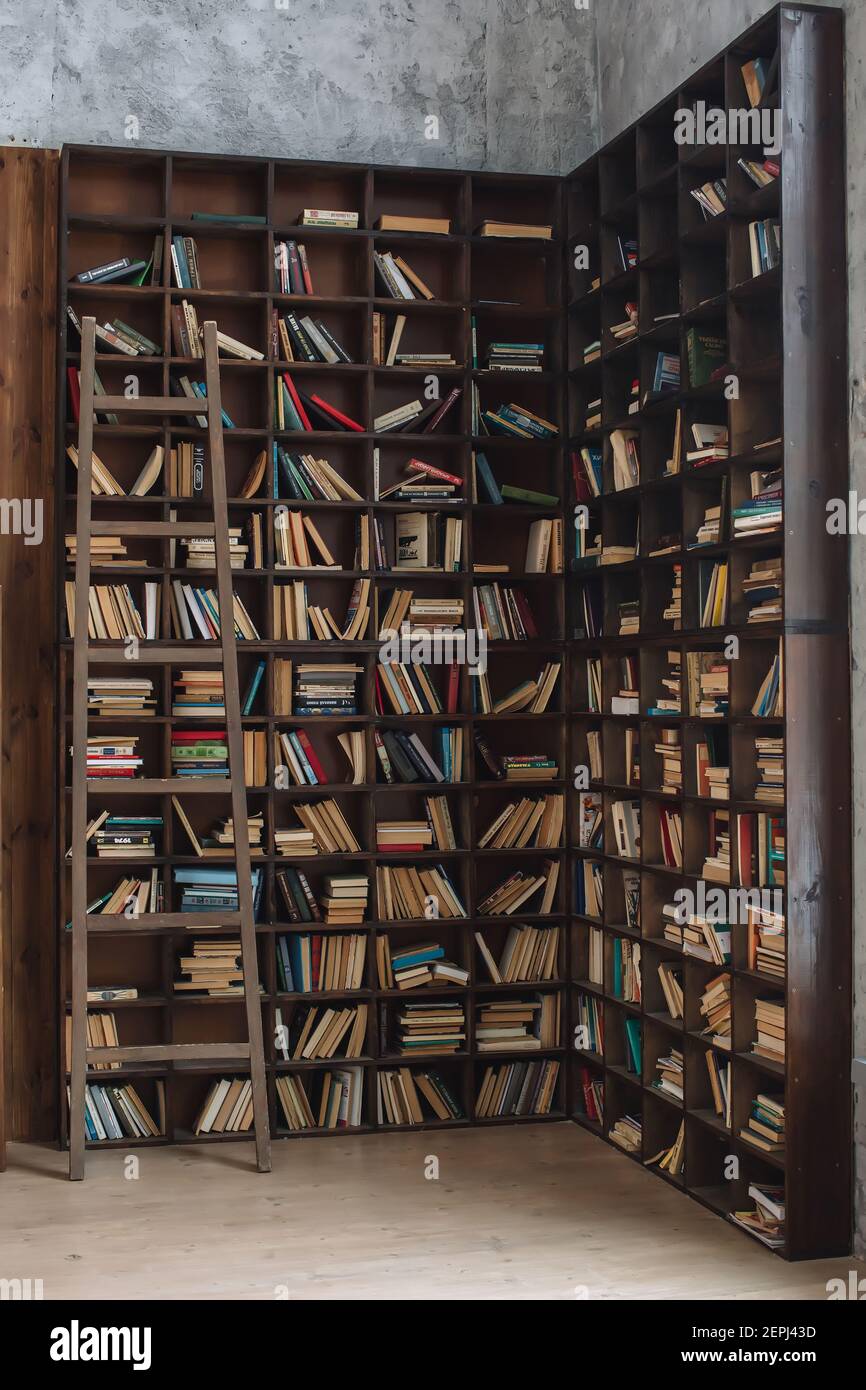Molti libri su una mensola di legno in interni di legno, concetto di conoscenza Foto Stock
