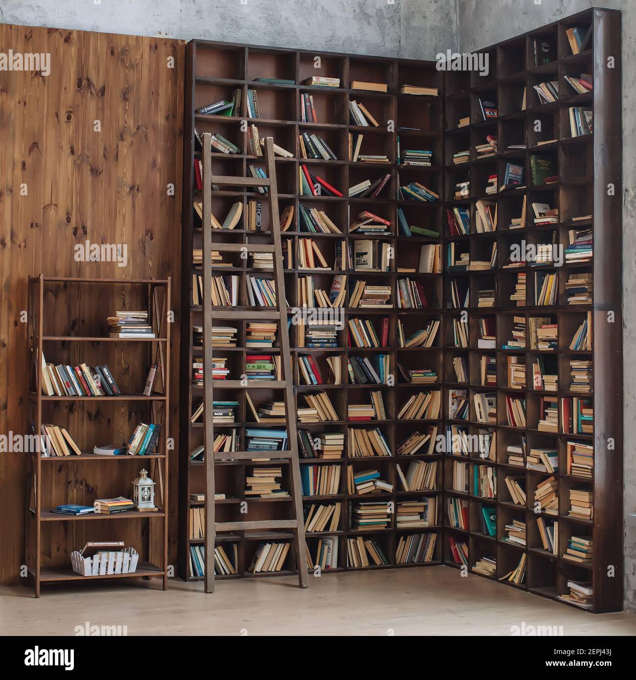 Molti libri su una mensola di legno in interni di legno, concetto di conoscenza Foto Stock