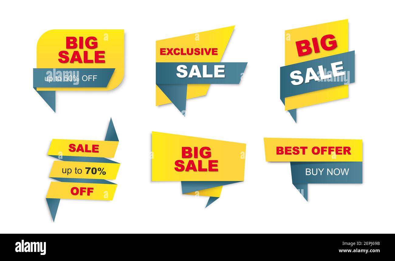Set di badge con etichette di prezzo scontate piatte. Illustrazione vettoriale Illustrazione Vettoriale