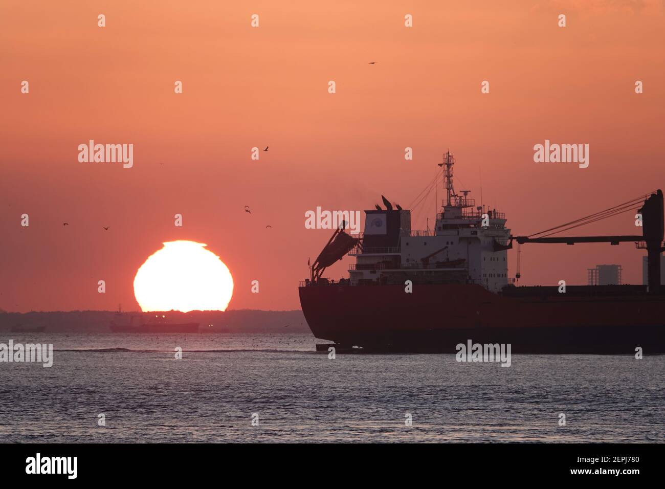 Nave di trasporto al tramonto sul mare di Marmara, Turchia Foto Stock