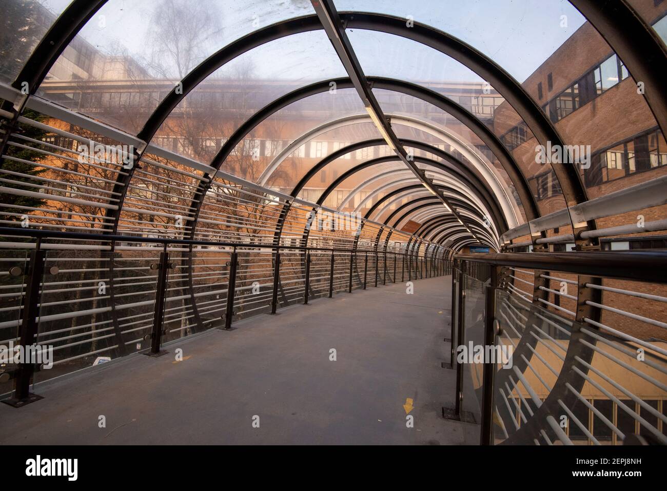 Luce mattutina sul ponte del tram Sir Peter Mansfield presso il Queens Medical Center (QMC) a Nottingham, Nottinghamshire, Inghilterra, Regno Unito Foto Stock