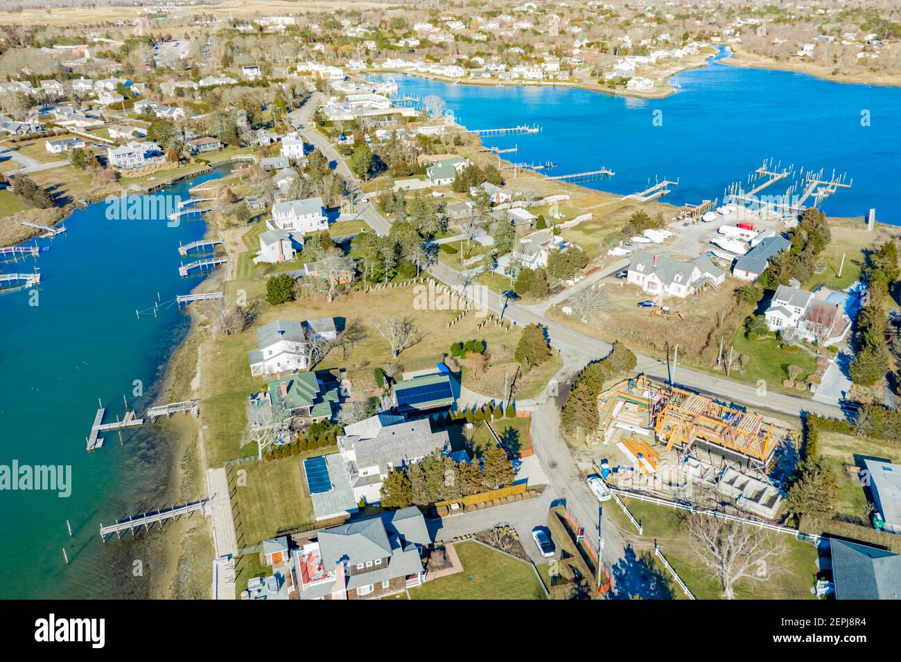 Vista aerea di Little Neck Road e la vicinanza a Southampton, NY Foto Stock
