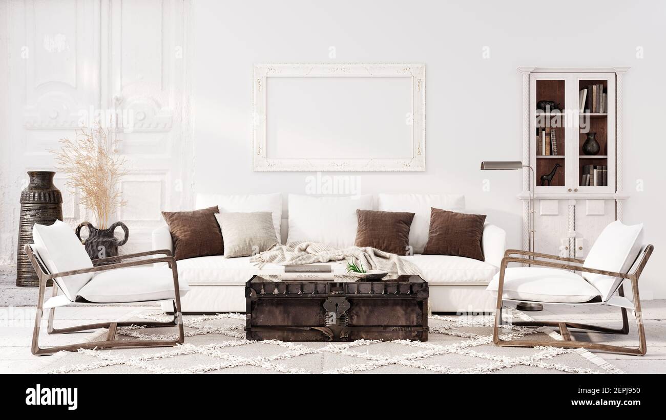 Moderno design degli interni del salotto bianco con decorazioni e cornice immagine vuota 3D rendering, illustrazione 3D Foto Stock