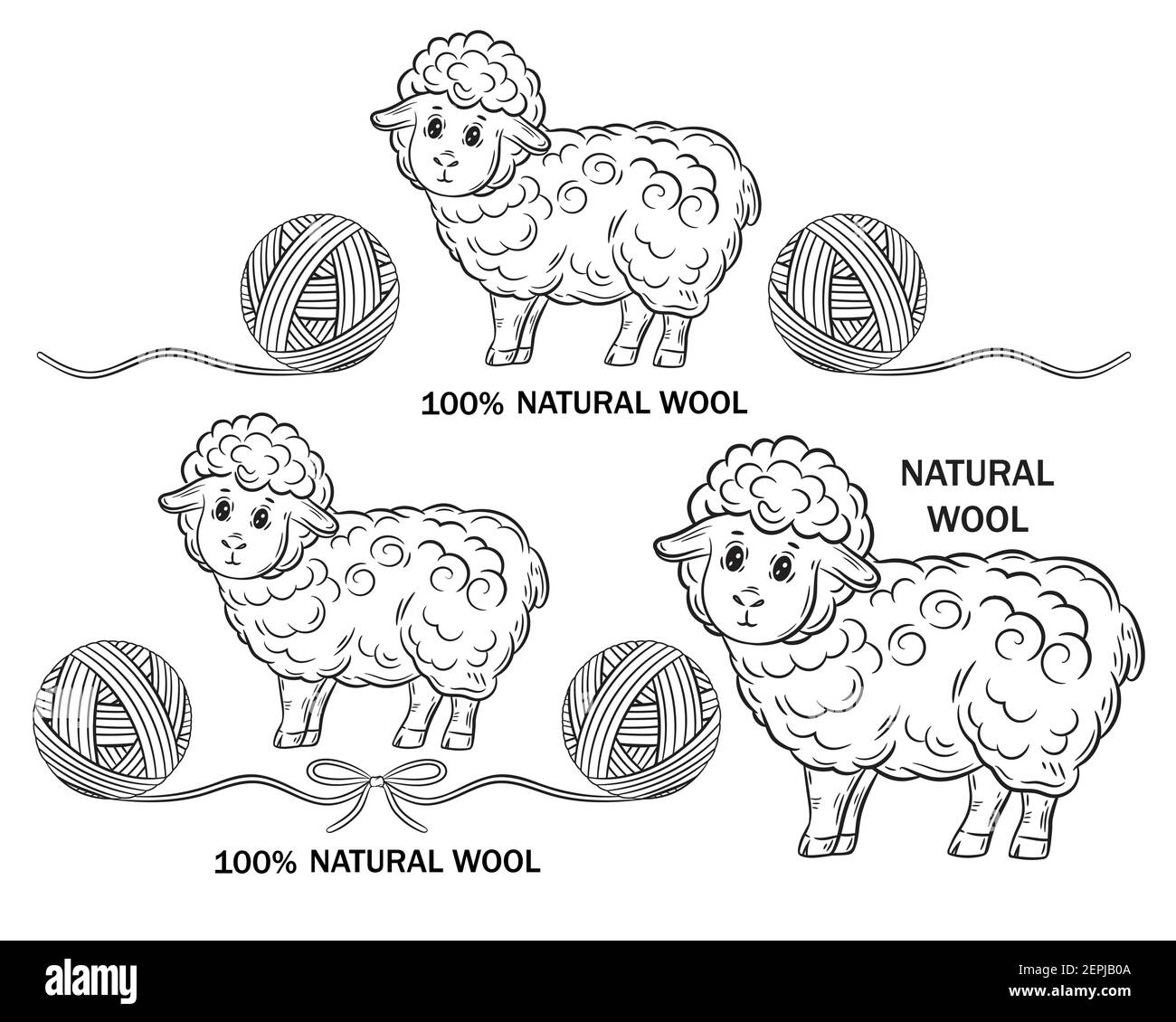 Lana naturale di pecora Merino. Insieme di vettori di contorno per Unione manuale. Pecora con filo a sfera rotondo. Abiti in maglia fatti a mano. Maglia, uncinetto di filo di lana Illustrazione Vettoriale