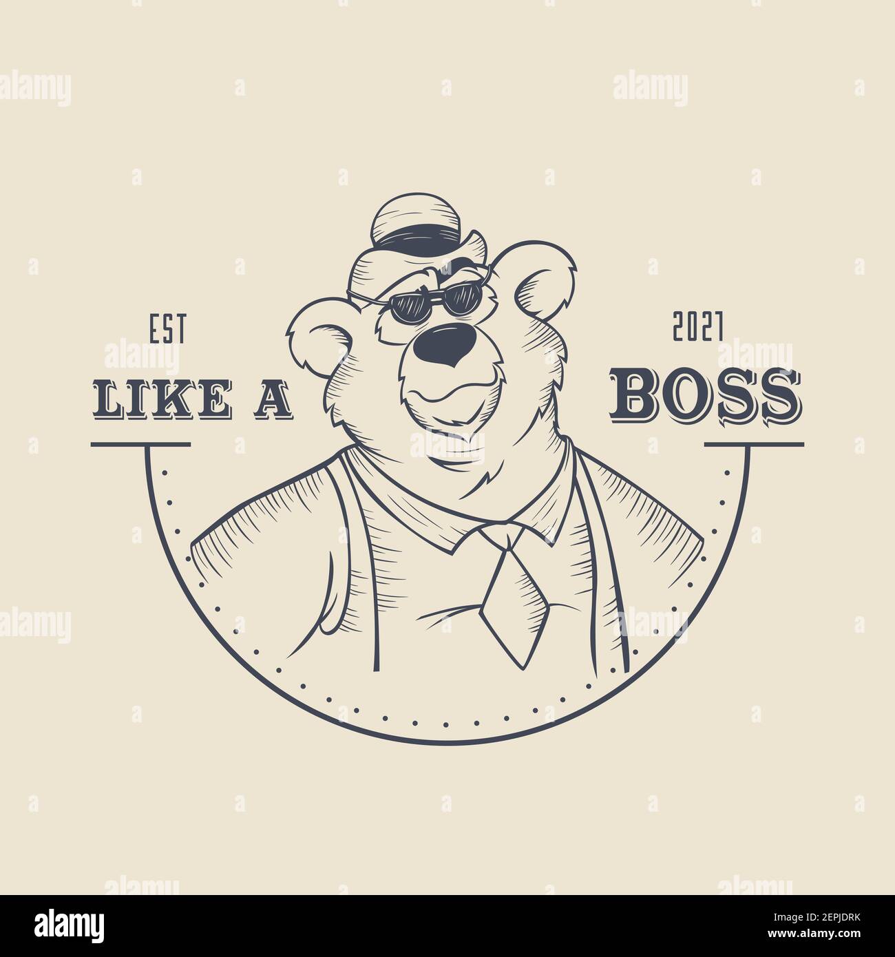 Orso elegante come illustrazione del boss. Teddy di sketch alla moda in cappello e occhiali vestiti in stile ufficio. Illustrazione Vettoriale