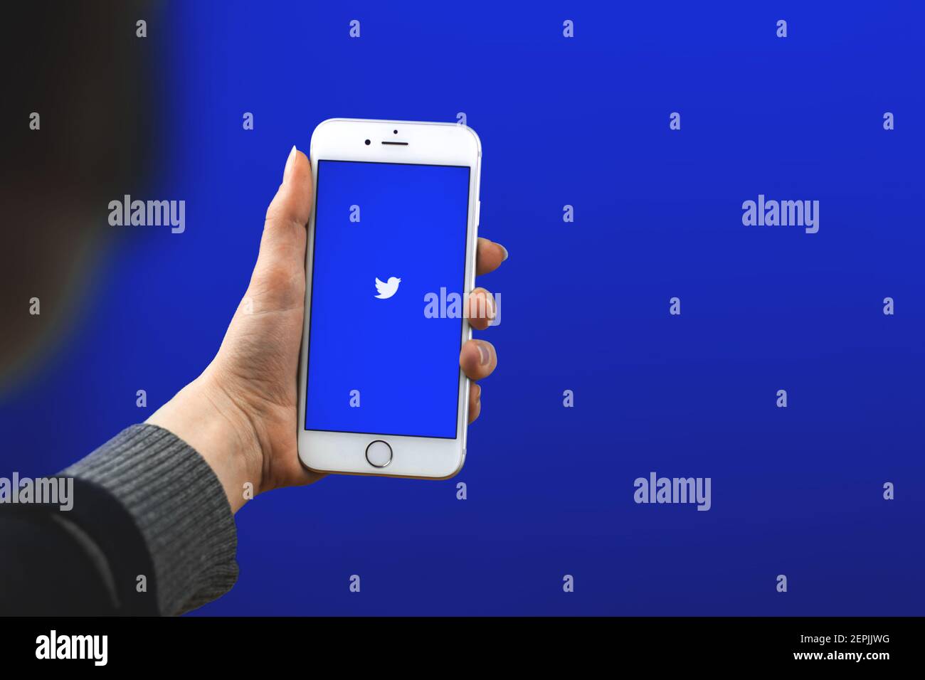 Kharkov, Ucraina - 27 febbraio 2021: Donna tiene Apple smartphone con un Twitter social network, web news concept, copia spazio foto Foto Stock