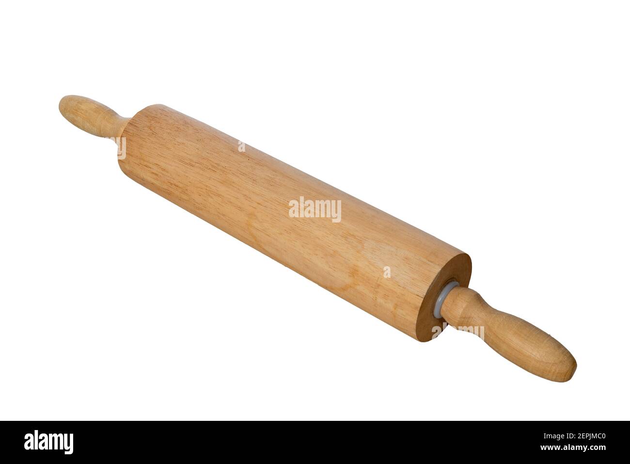 Colpo orizzontale di un vecchio perno di legno isolato su bianco. Steso diagonalmente. Molto spazio per la copia. Foto Stock