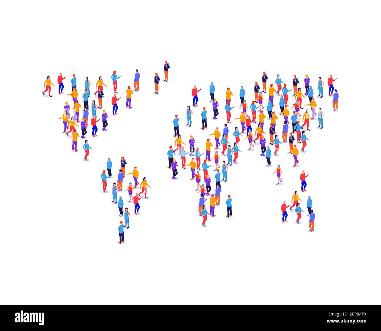 Folla persone in forma Terra mappa illustrazione isometrica. Gruppi personaggi allineati con continenti mondo analisi popolazione umana. Illustrazione Vettoriale