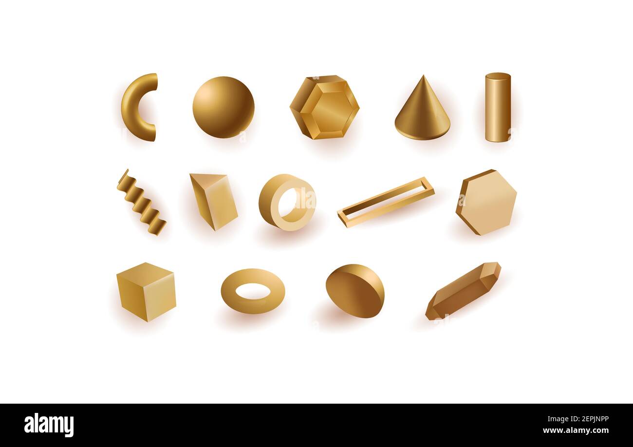 Set di forme geometriche in oro. Sfere quadrate con semicerchi e con strisce metalliche e cornici rettangolari. Illustrazione Vettoriale