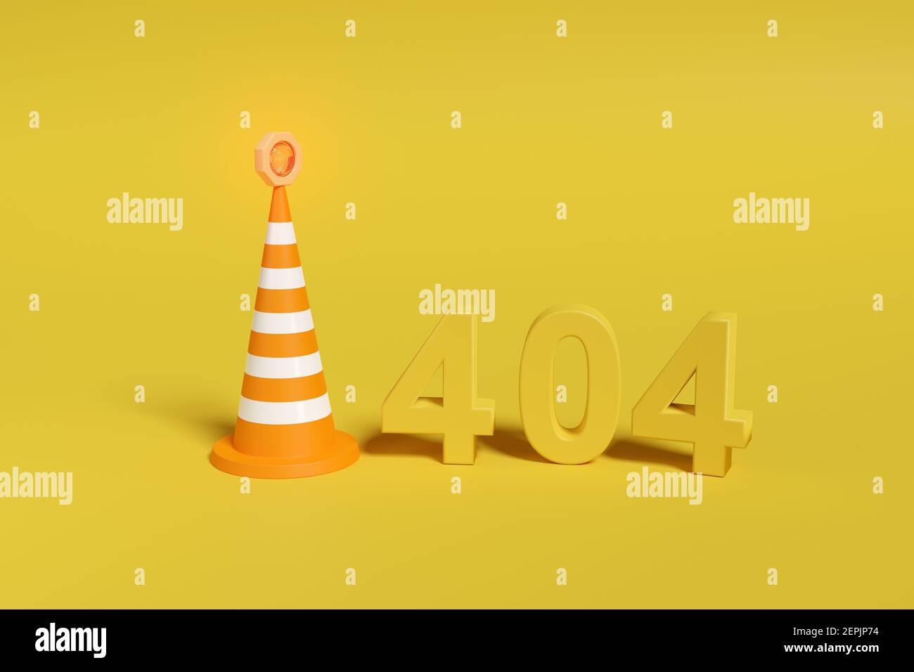 Errore 404. Numero 404 in tre dimensioni accanto ad un cono di sicurezza su sfondo giallo. illustrazione 3d. Foto Stock