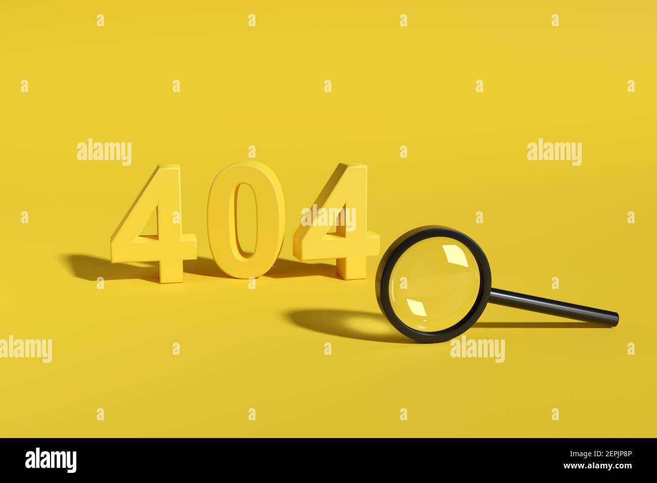 Errore 404. Numero 404 in tre dimensioni accanto a una lente di ingrandimento di sicurezza su sfondo giallo. illustrazione 3d. Foto Stock