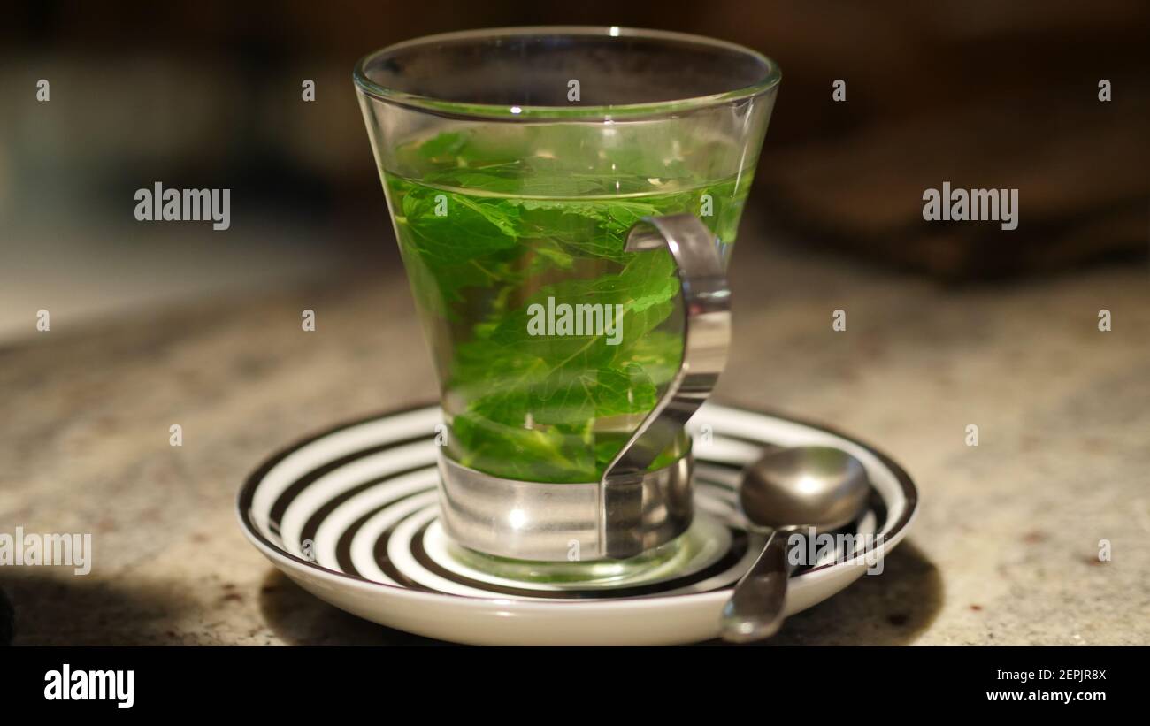 Tè fresco di menta preparato con foglie di vera menta, tè caldo fresco di menta verde al Coffee Shop Restaurant, sana bevanda a base di erbe infusionali Foto Stock