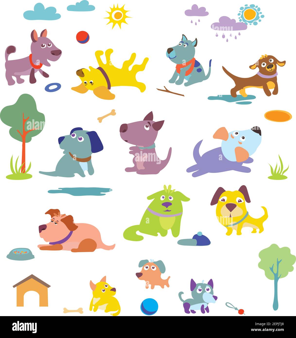 cane divertente, cane in varie pose e situazioni, disegno, vettore, immagini Illustrazione Vettoriale