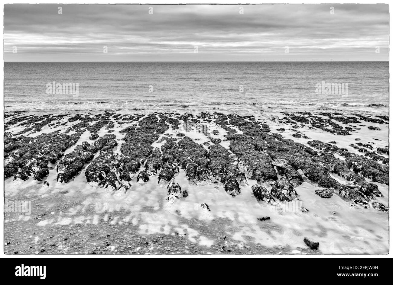 Il nero e rabboccato calcare rocce spiovente sulla riva formano canali per la ritirata mare vicino a Brighton, Inghilterra. Foto Stock