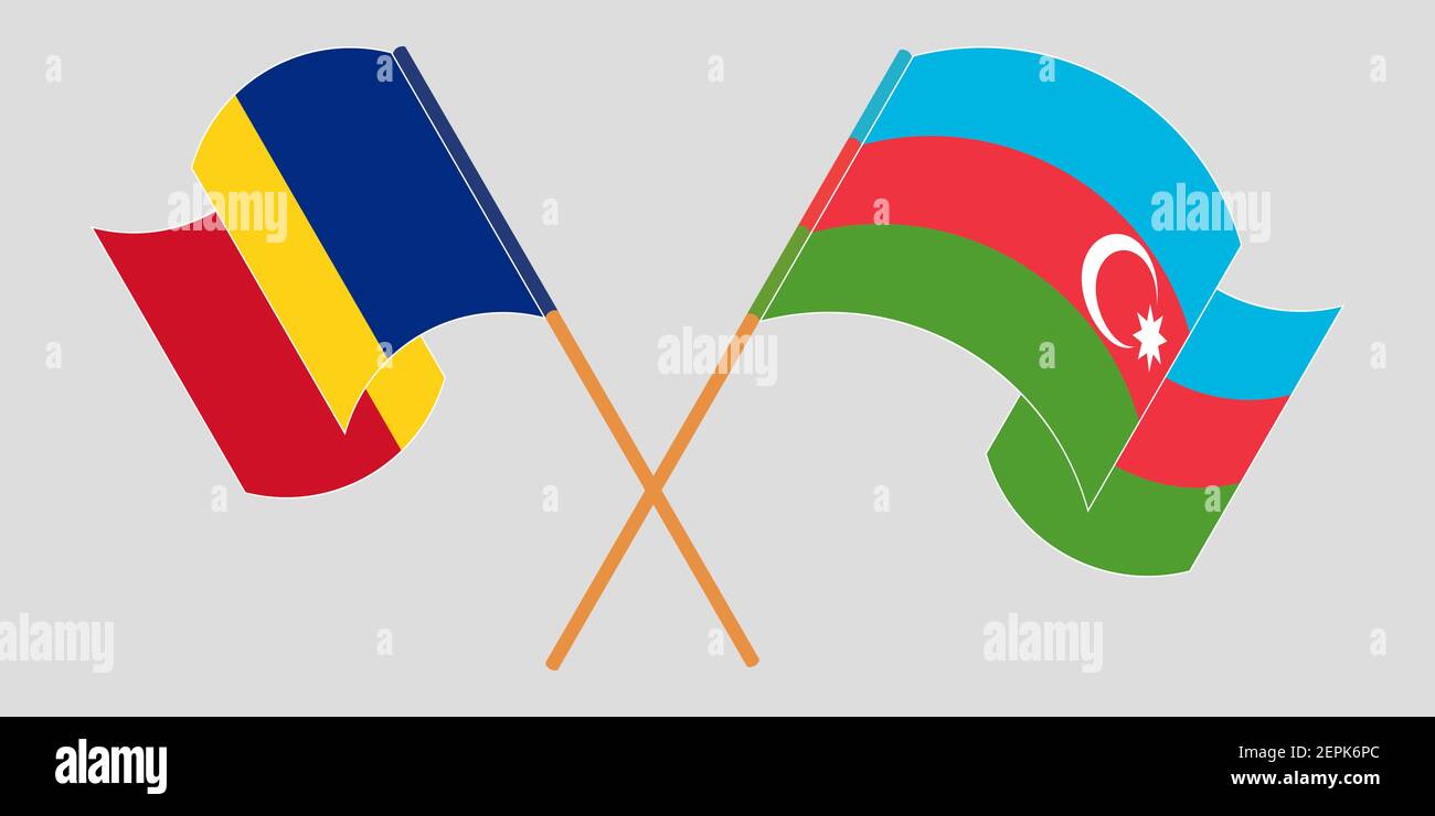 Bandiere incrociate e sventolanti di Azerbaigian e Romania. Illustrazione vettoriale Illustrazione Vettoriale