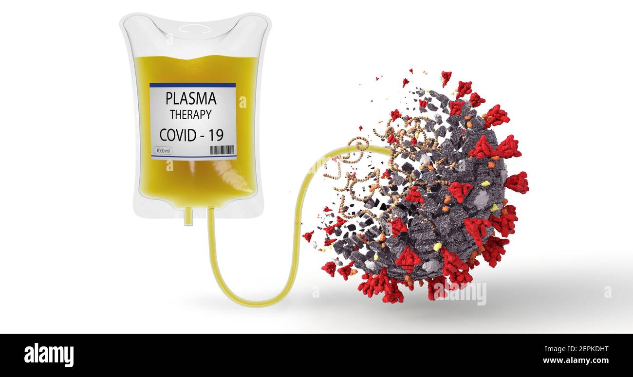 Illustrazione realistica 3D della terapia plasmatica COVID-19. Trattamento plasmatico convalescente di Corona Virus Omicron SARS-cov-2, 2019 nCoV. Foto Stock
