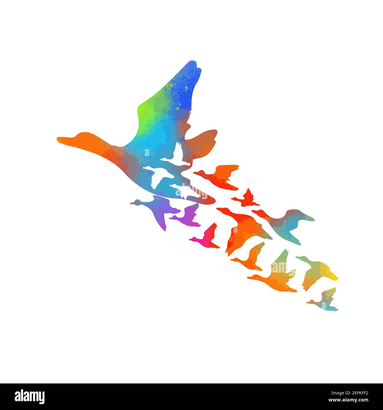 Un uccello che vola a sud. Supporti misti. Anatre multicolore. Portare le anatre a casa. Illustrazione vettoriale Illustrazione Vettoriale