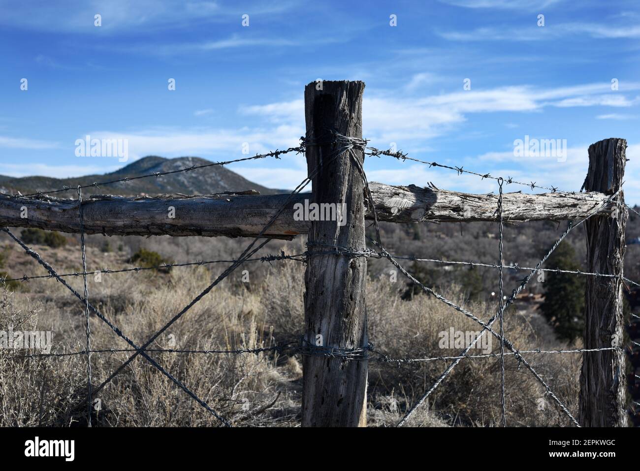Una recinzione di filo spinato definisce il confine di un ranch di bestiame in New Mexico USA. Foto Stock