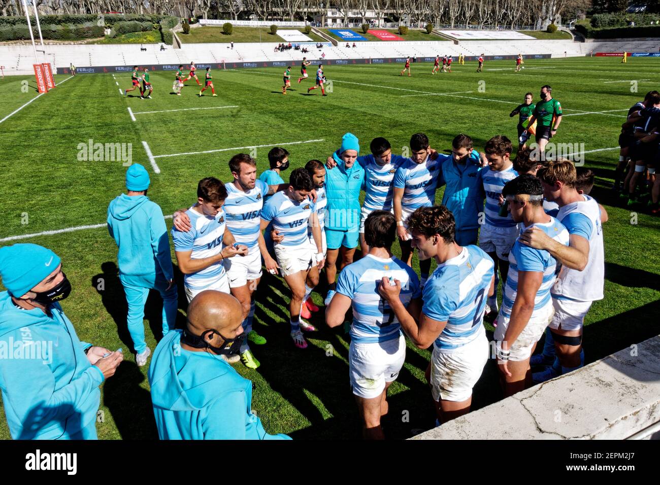 Madrid, Spagna. 27 Feb 2021. Torneo Internazionale di Rugby 7s di Madrid. Torneo maschile. 2 ° fine settimana, 1 ° giorno. Squadra argentina. Università Complutense, Madrid, Spagna. Credit: EnriquePSans / Alamy Live News Foto Stock