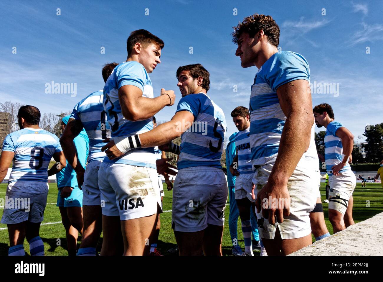 Madrid, Spagna. 27 Feb 2021. Torneo Internazionale di Rugby 7s di Madrid. Torneo maschile. 2 ° fine settimana, 1 ° giorno. Squadra argentina. Università Complutense, Madrid, Spagna. Credit: EnriquePSans / Alamy Live News Foto Stock