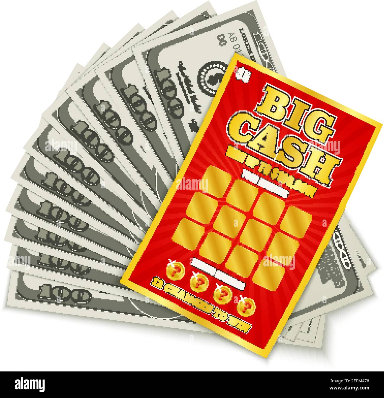 Gratta carta lotteria grande gioco di contanti vincere composizione realistica con cento dollari banconote premio denaro illustrazione vettore Illustrazione Vettoriale