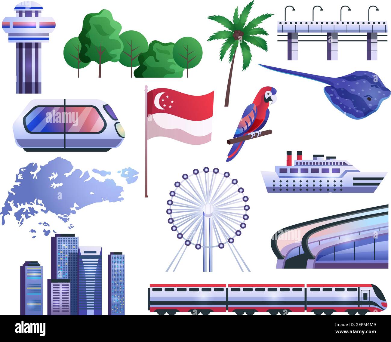 Singapore cartoon Set icone della bandiera mappa trasporto giardini fauna illustrazione vettoriale della ruota panoramica Illustrazione Vettoriale