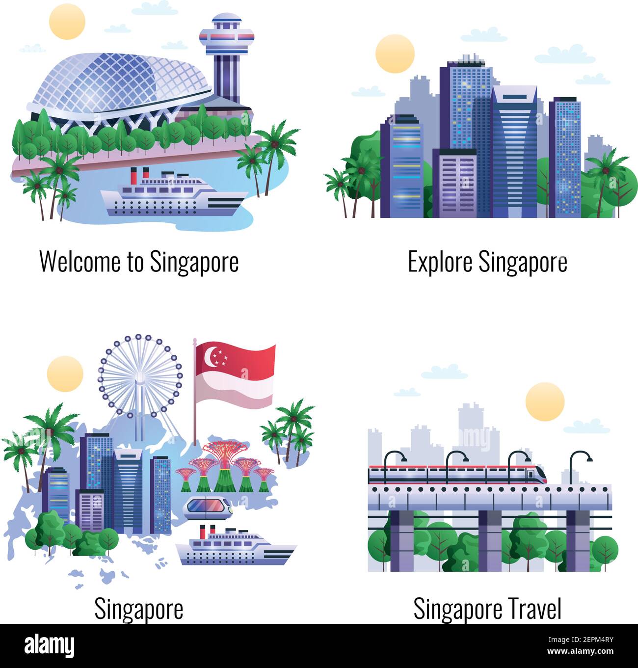 Set di design 2x2 di famosi monumenti storici e città di Singapore grattacieli nel quartiere centrale degli affari illustrazione vettoriale piatta Illustrazione Vettoriale