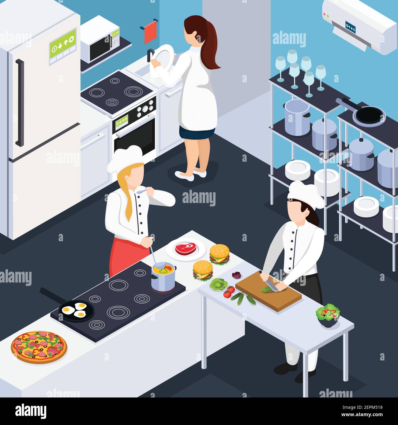 Personale domestico composizione isometrica con persone in cucina cucina cucina interna cena e piatti di lavaggio illustrazione vettoriale Illustrazione Vettoriale