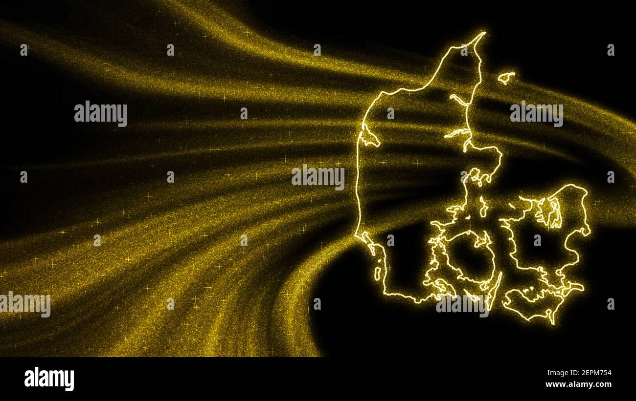 Mappa della Danimarca, mappa con glitter oro su sfondo scuro Foto Stock