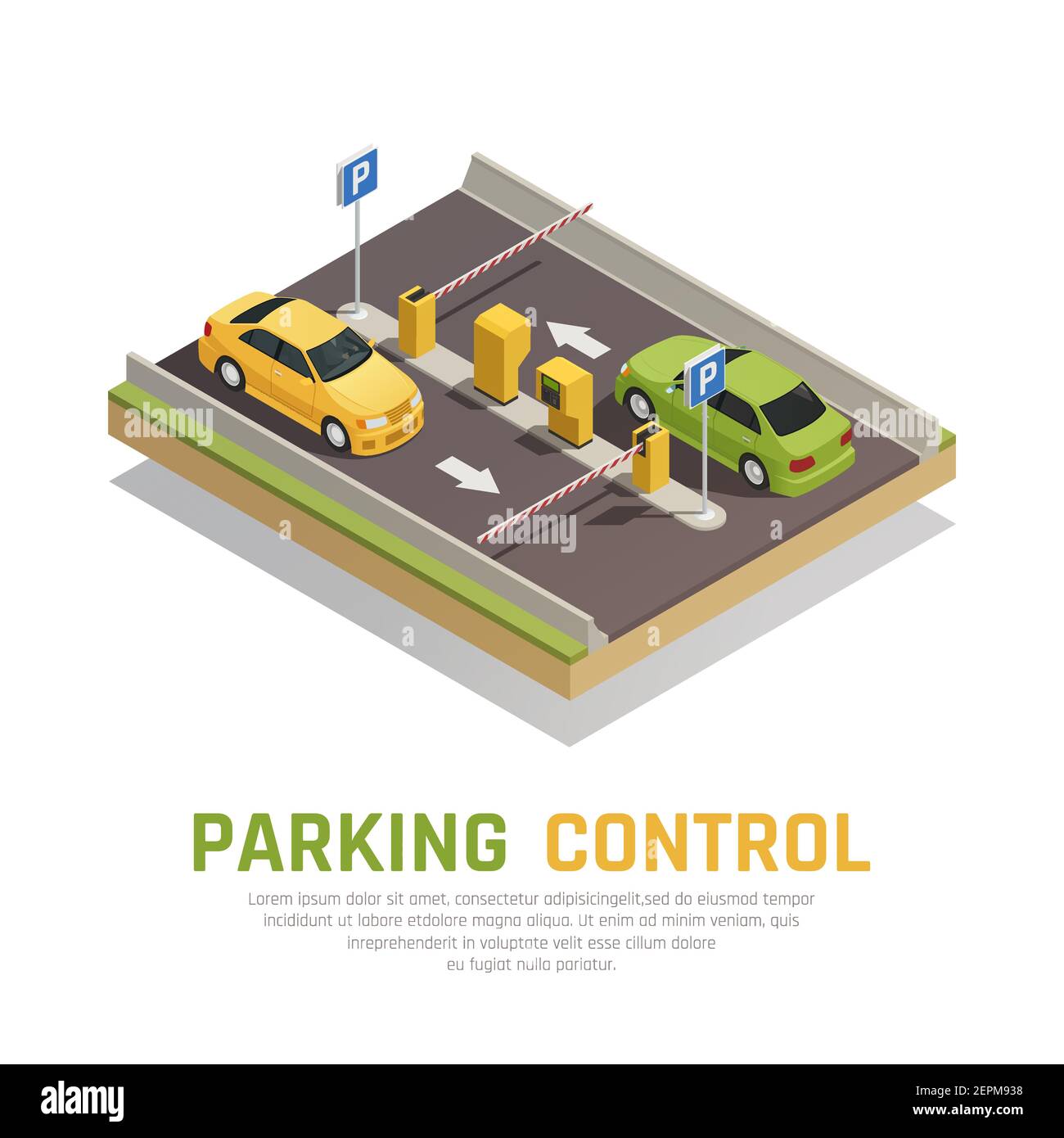 Identificazione di accesso composizione isometrica con immagini di bracci di gate chiusi e vetture con illustrazione vettoriale dei terminali paygate automatici Illustrazione Vettoriale