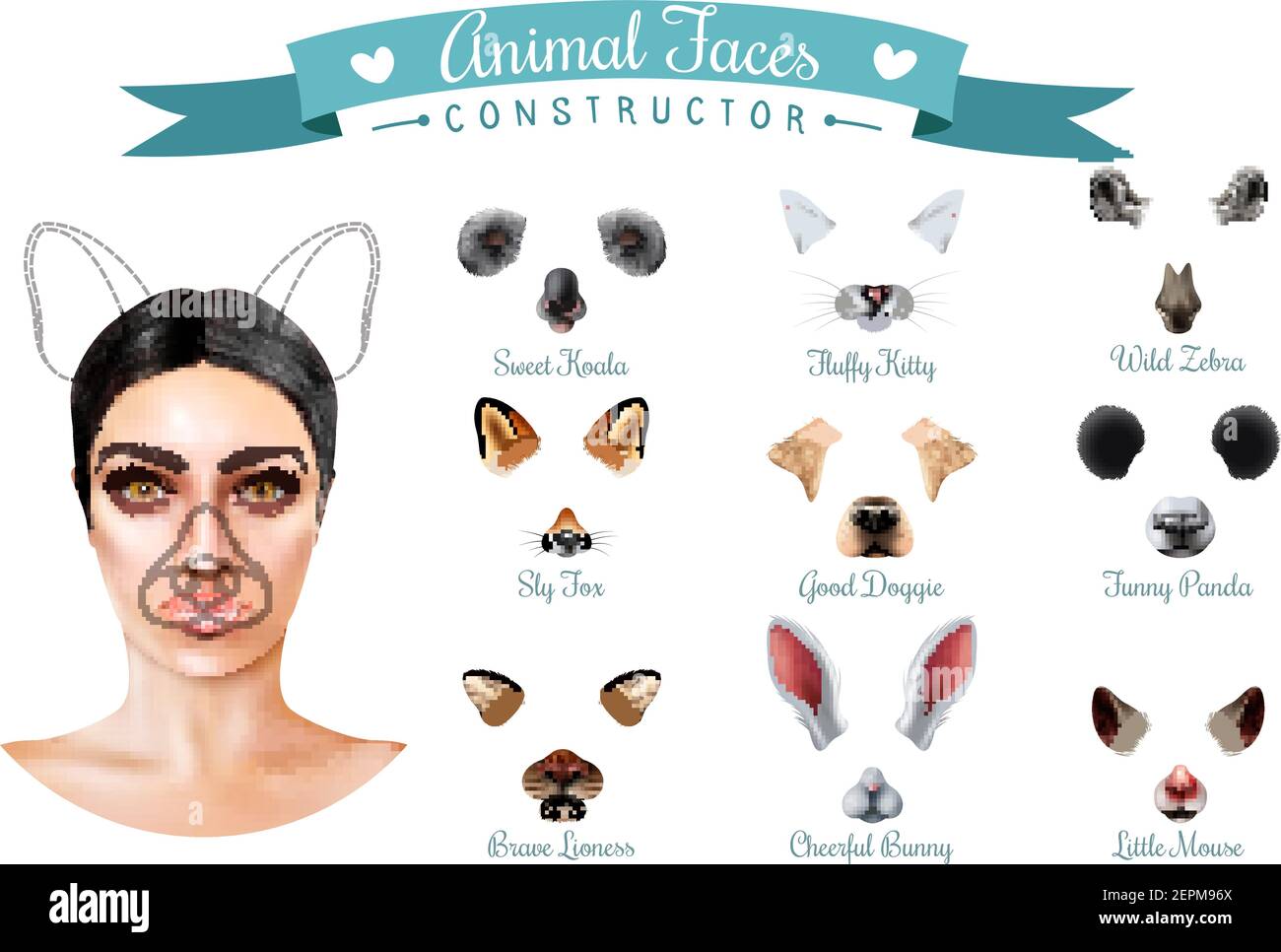 Isolato carino animale facce costruttore icona insieme con dolce koala gattino peloso zebra selvatica sciamente volpe buon doggie e altri muzzles illustrazione vettoriale Illustrazione Vettoriale