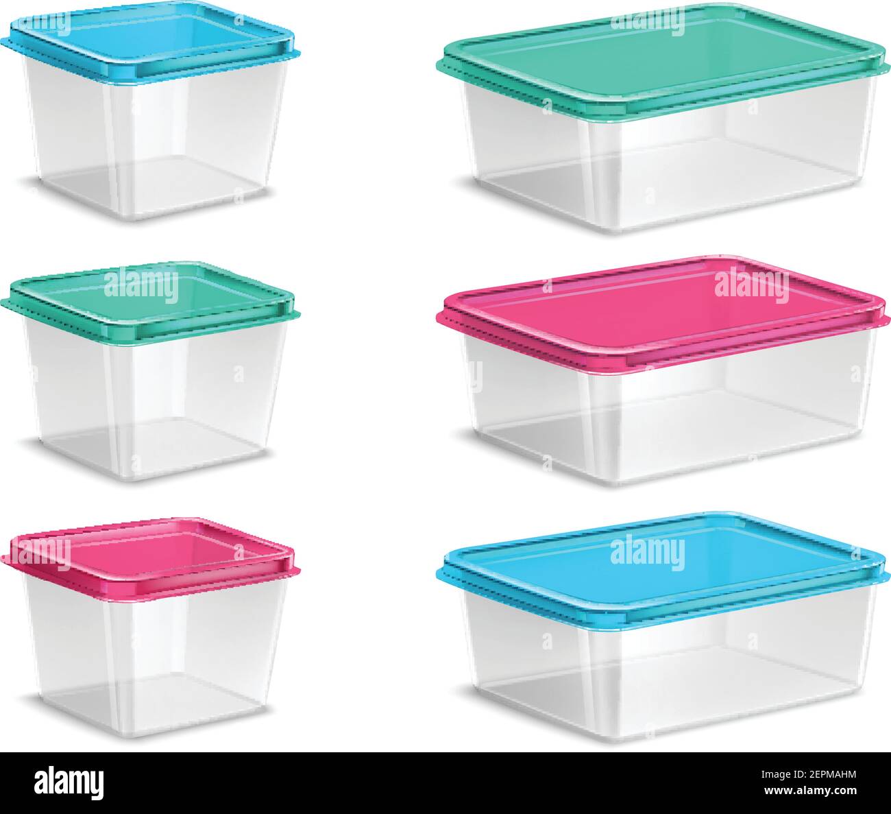 Set di contenitori in plastica per alimenti di vario volume con colorato coperchi e contenitori trasparenti illustrazione vettoriale isolata Illustrazione Vettoriale