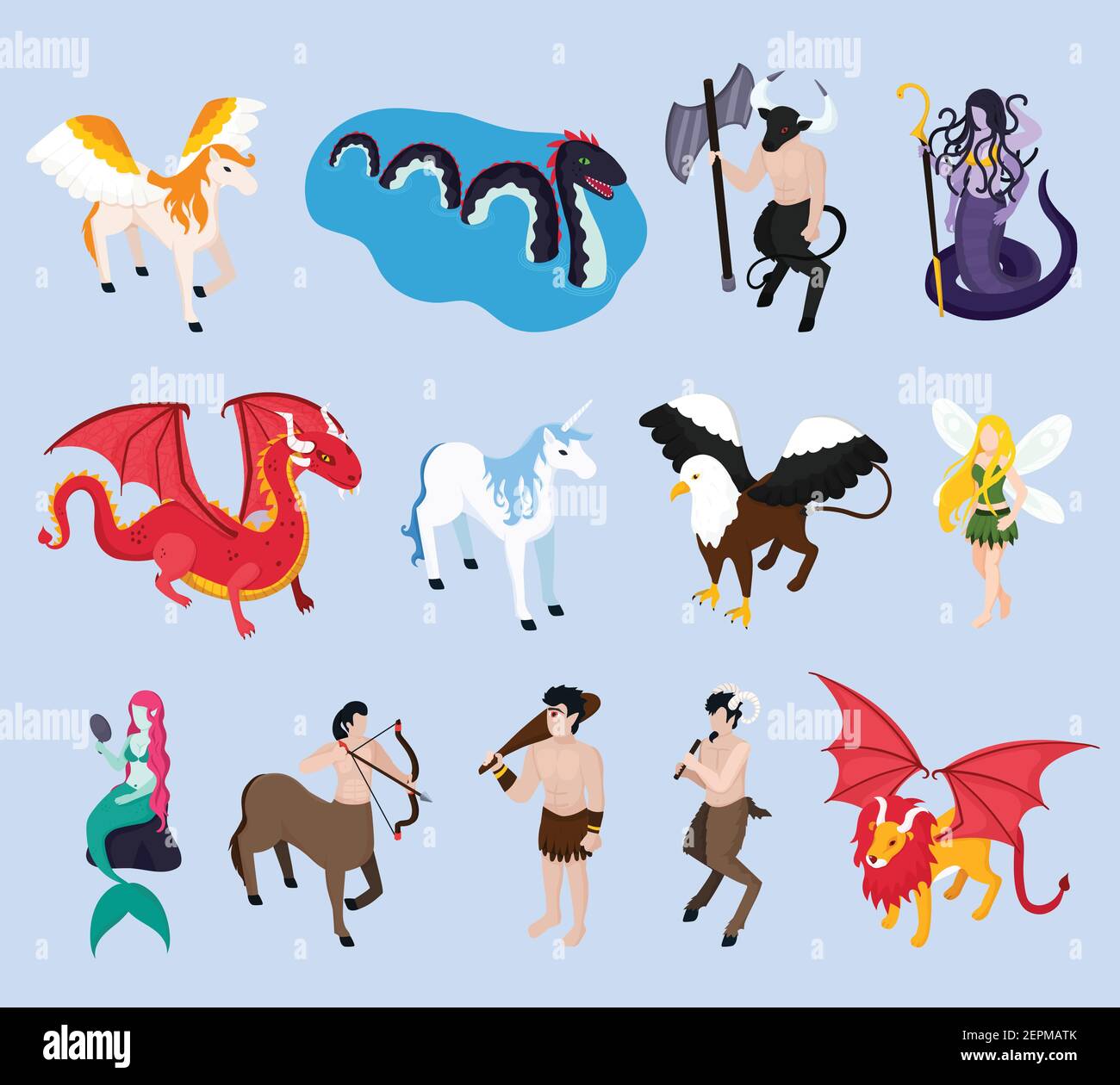 Mitiche creature icone isometriche con unicorno, sirena e fata, pegaso e leone alato, griffin, illustrazione vettoriale isolata Illustrazione Vettoriale