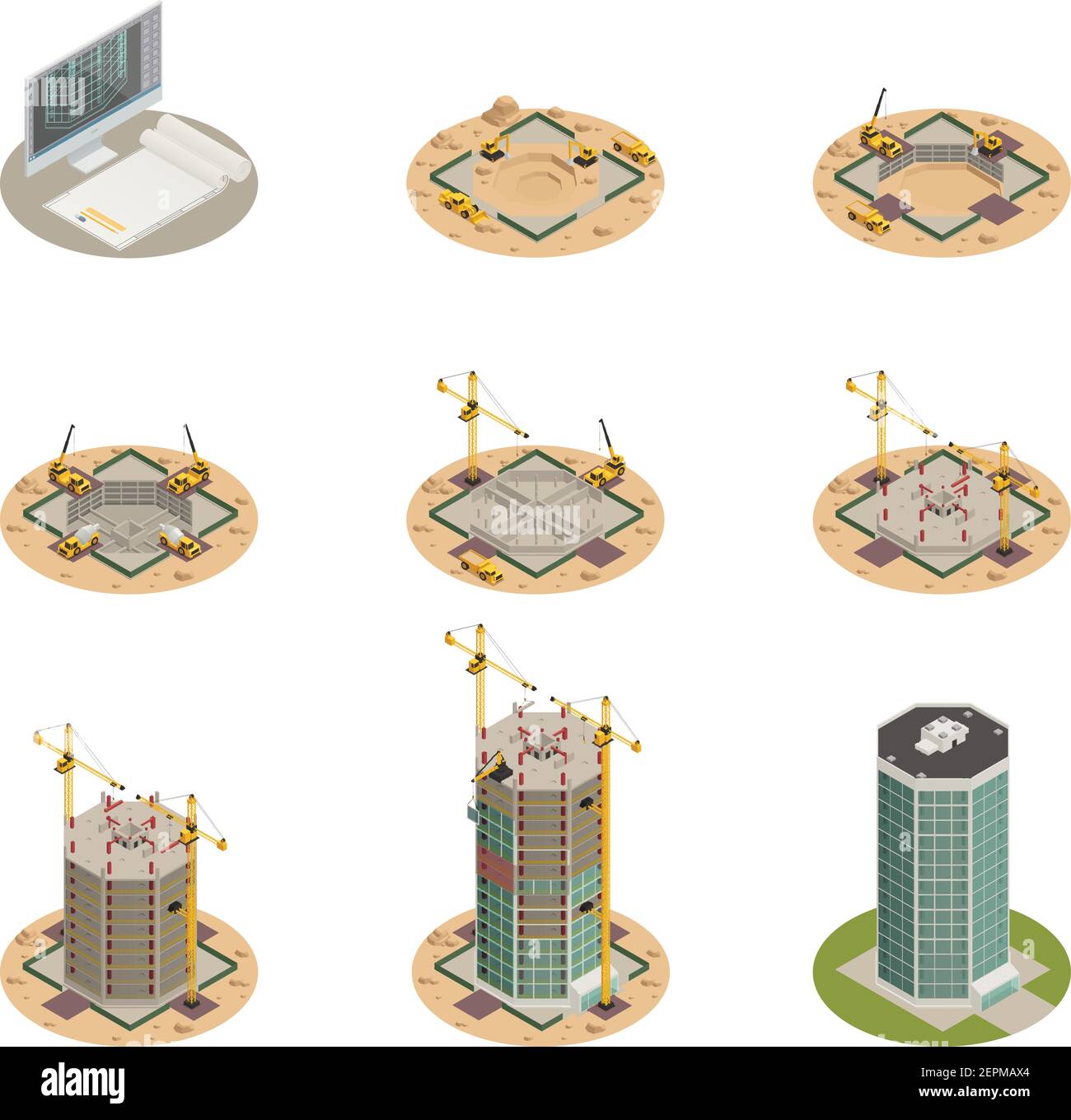Progresso del processo di costruzione dei grattacieli 9 icone isometriche raccolte dal progetto progettare l'illustrazione vettoriale isolata dell'edificio finale Illustrazione Vettoriale