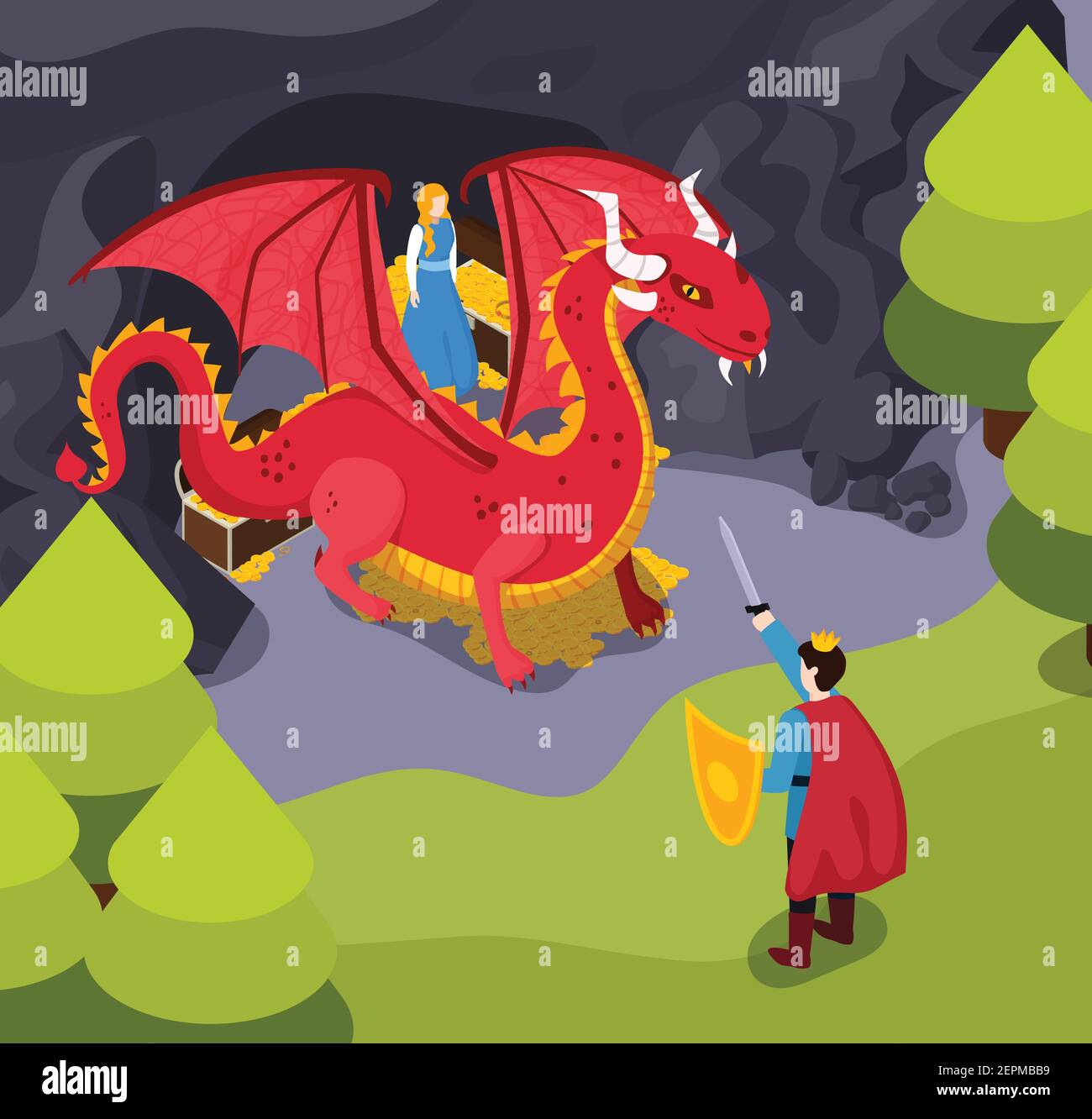 Favolosi eroi composizione isometrica con lotta per la principessa tra principe e drago in foresta illustrazione vettoriale Illustrazione Vettoriale