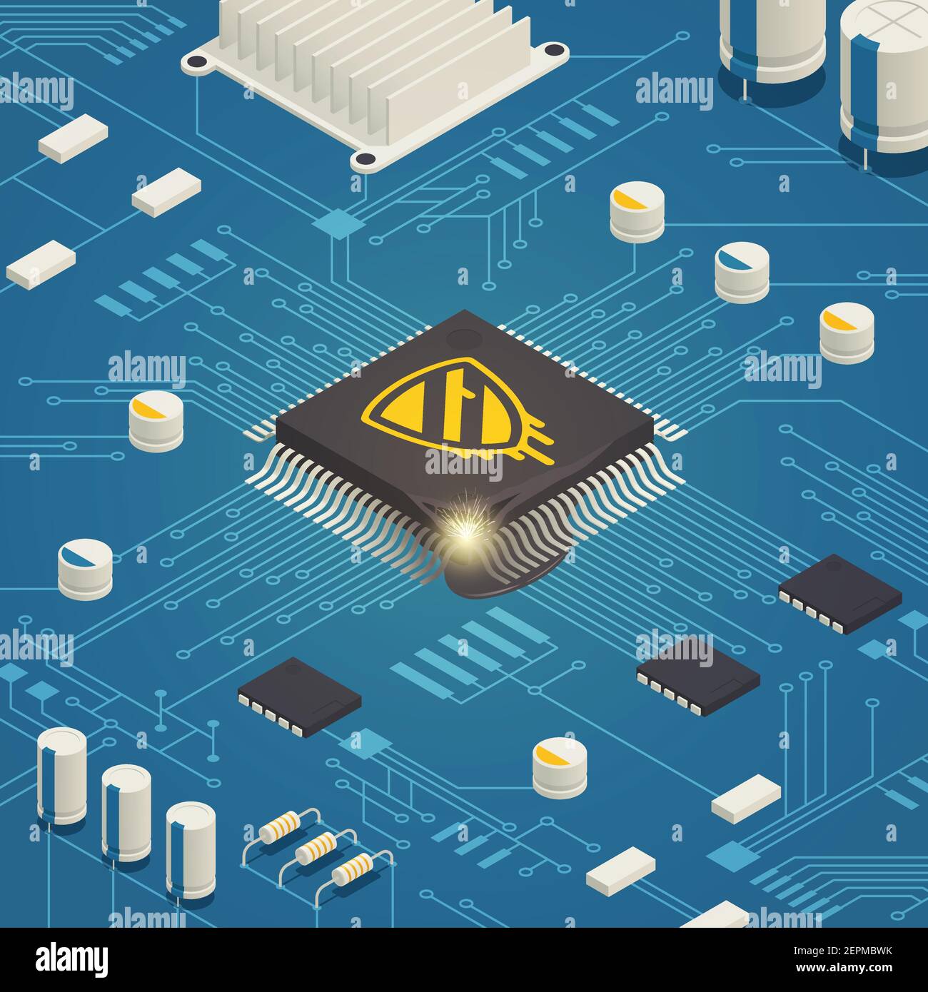 Vulnerabilità hardware cpu Meltdown bug composizione isometrica con il sistema informatico illustrazione vettoriale dei simboli della scheda e del software dannoso Illustrazione Vettoriale