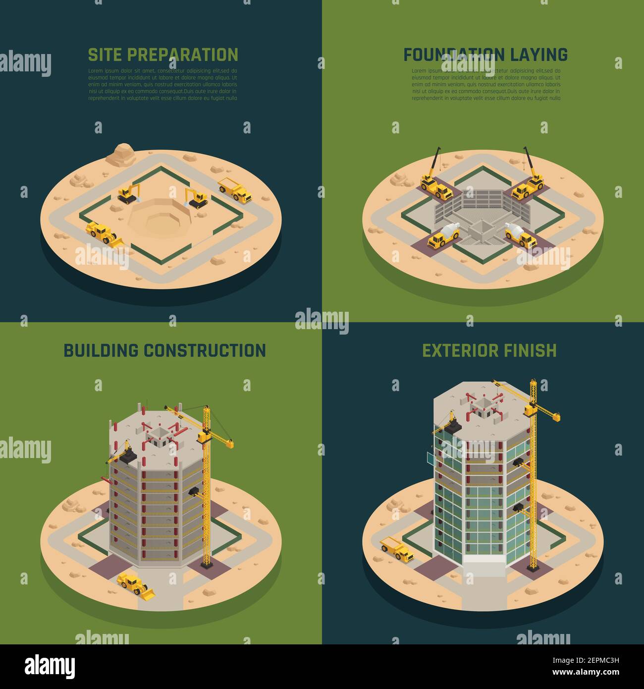 Processo di costruzione dei grattacieli 4 icone isometriche dalla preparazione del sito alla finitura della facciata dell'edificio illustrazione vettoriale isolata Illustrazione Vettoriale