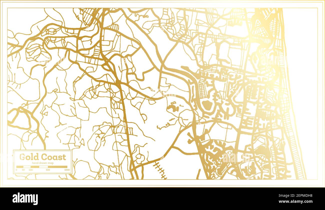 Mappa della città di Gold Coast Australia in stile retro in colore dorato. Mappa di contorno. Illustrazione vettoriale. Illustrazione Vettoriale