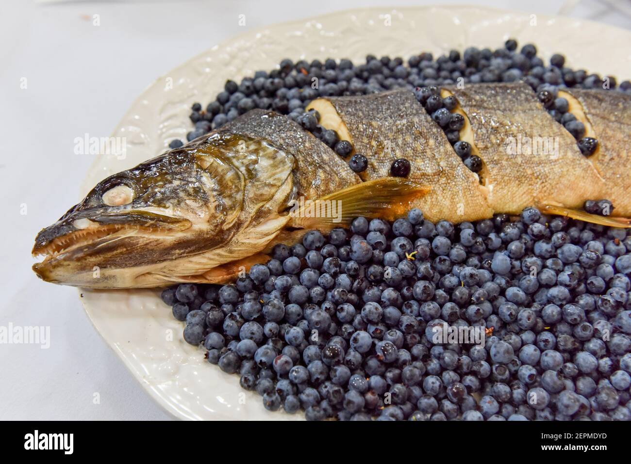 Piatto indigeno tradizionale composto da pesce selvatico e mirtilli selvatici, Quebec settentrionale, Canada Foto Stock